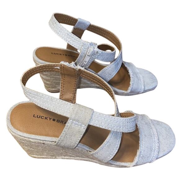 Lucky Brand Espadrille Wedges Heels Women's 10M Tan/gold Cloth Strap Open Toe - Picture 2 of 9